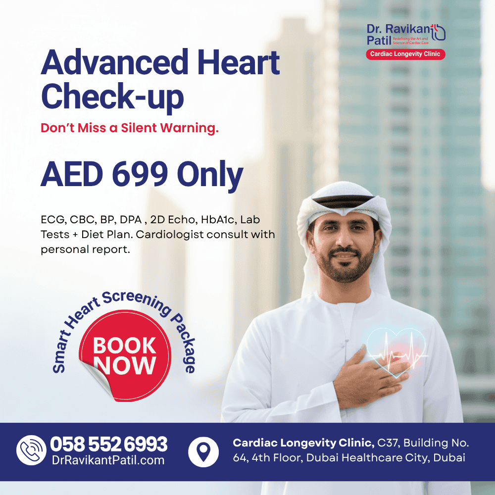 Advanced Heart Check-up poster — consult, ECG, 2D Echo and labs by Dr. Ravikant Patil at Dubai Healthcare City. Book now.
