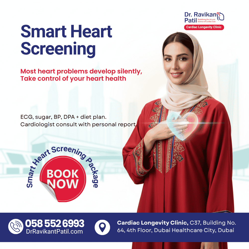 Smart Heart Screening poster with a female patient and heart graphic Dr. Ravikant Patil at Dubai Healthcare City. Book now.
