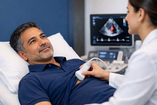 Complete cardiac check-up in progress at Cardiac Longevity Clinic Dubai with echocardiography under Dr Ravikant Patil